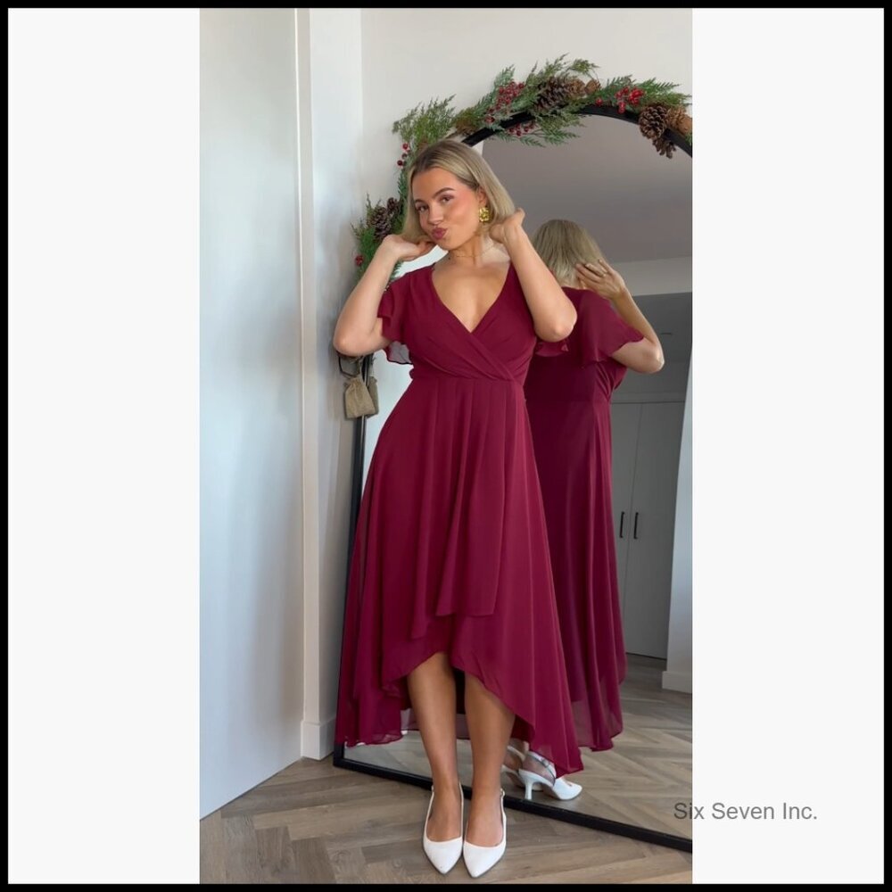 Chiffon V-Neck Ruched Midi High Low Formal Dress Short Sleeves - Picture 6 of 7